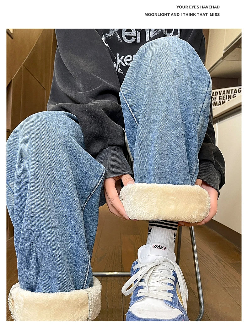 Men's Thicke Fleece Straight Jeans Winter Velvet Thermal Nostalgia Washing Denim Pants Streetwear Elastic Waist Loose Trousers