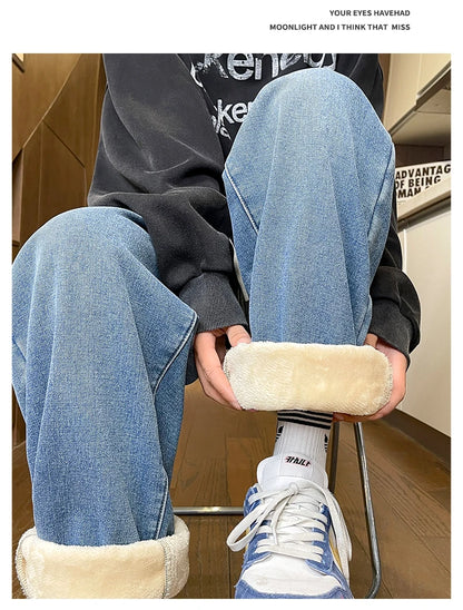 Men's Thicke Fleece Straight Jeans Winter Velvet Thermal Nostalgia Washing Denim Pants Streetwear Elastic Waist Loose Trousers