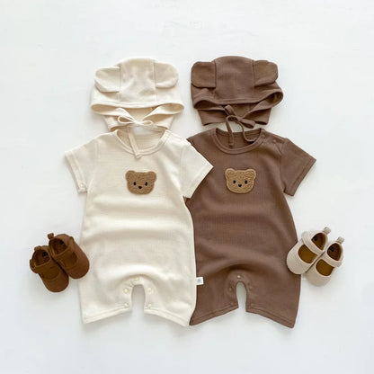 Cotton Romper Gift Hat with Ear New In Summer Kids Baby Girls Boys Short Sleeve Waffle Patch Bear Infant Newborn Jumpsuits