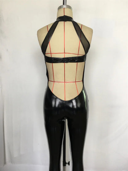 Women Centre Mesh Splice Backless Jumpsuit Glossy Patent Leather Temptation Uniform Tight Stretch Pencil Pants Nightclub Rompers