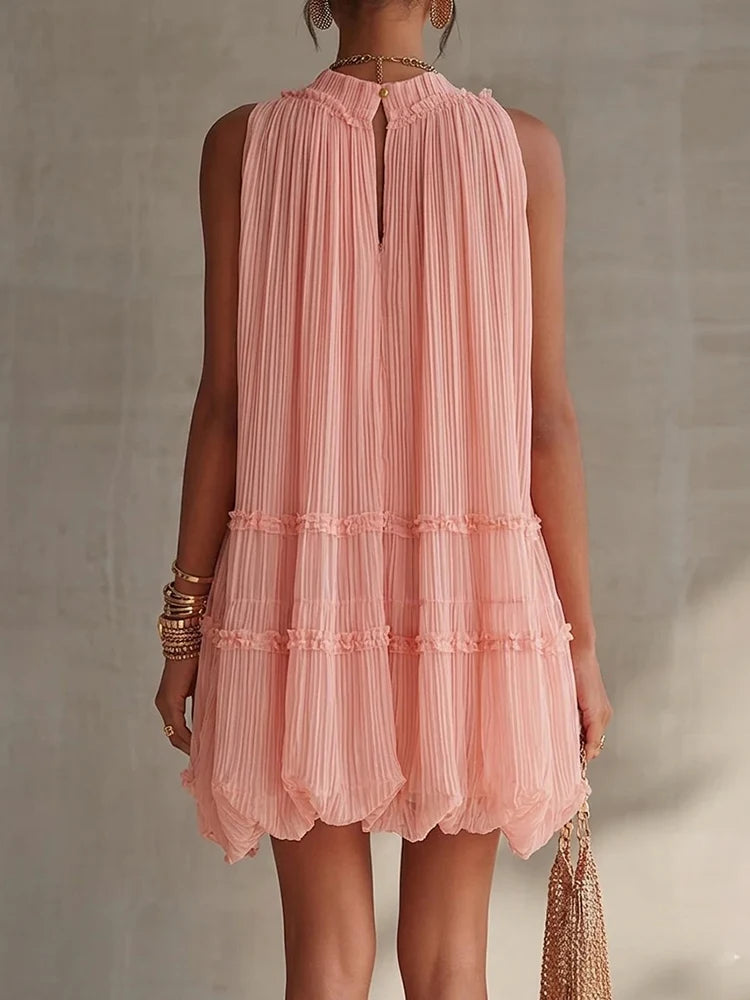 2026 Women Solid O-Neck Princess Party Dress Spring Summer Sexy Sleeveless Ladies Loose Ruched Dresses Streetwear Dropshipping
