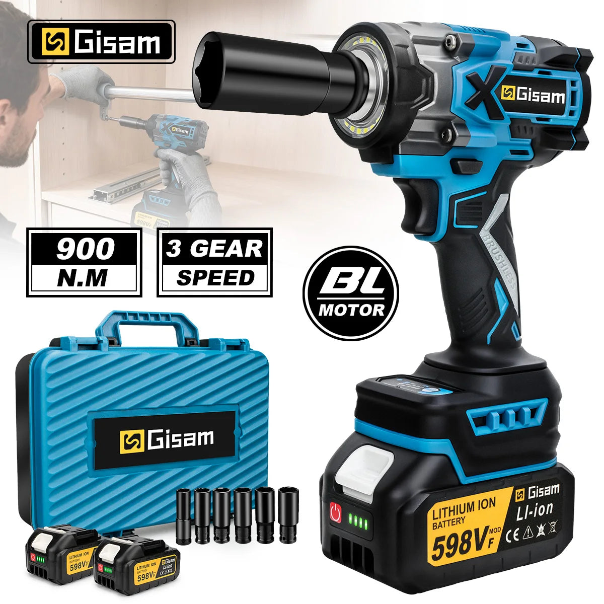 Gisam 900N.M Brushless Electric Impact Wrench 1/2" Cordless High Torque Wrench Drill Screwdrivers Tools For Makita Battery Pin