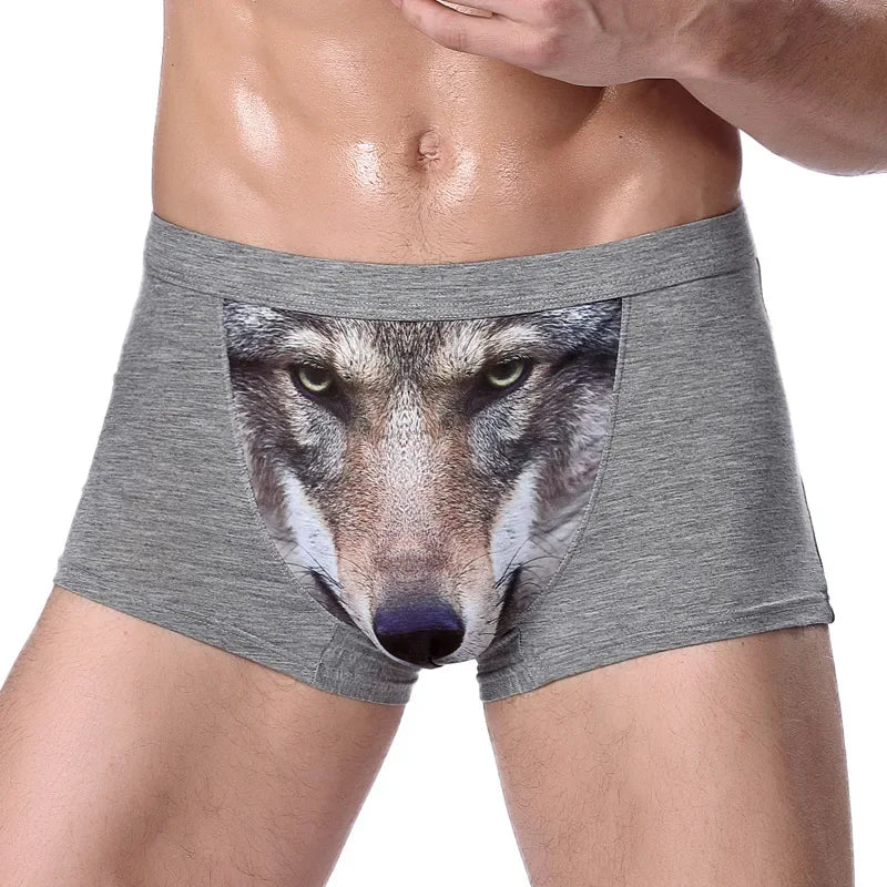 Men 3D Printed Boxer Shorts Wolf Eagle Head Pattern Mid Waist Flat Angle Underpants Soft Modal Knitted Breathable Underwear