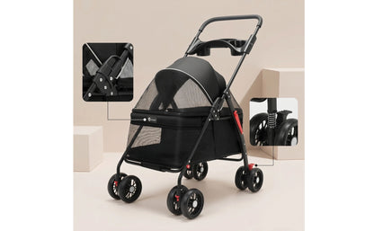 Pet Stroller with Storage Basket 4-Wheel Foldable Pet Stroller Collapsible Breathable for Small Dogs, Outdoor Walks, Travel