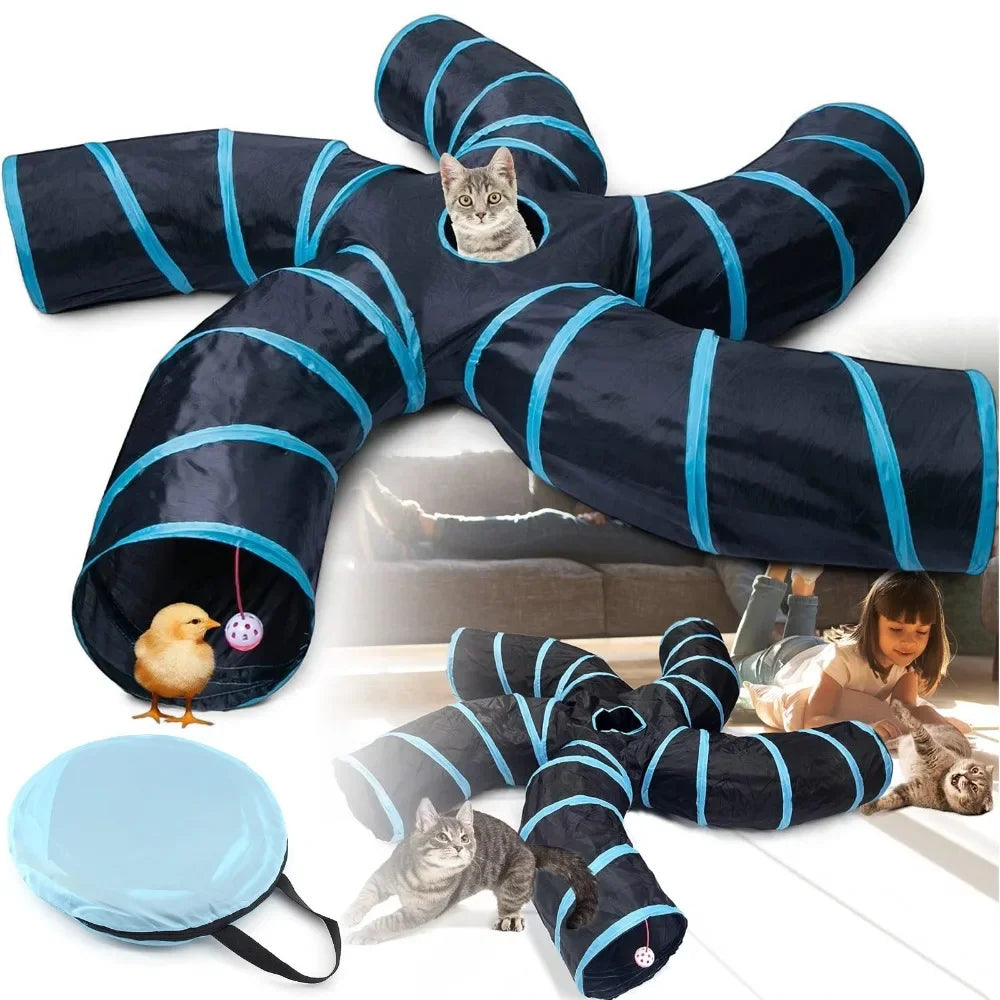 5-Way Foldable S-Shaped Pop Up Cat Tunnel Maze Toy, Interactive Collapsible Play House for Kittens, Small Rabbits, Puppies, Ferrets and Guinea Pigs, Breathable Pet Activity Tunnel for Indoor Entertainment