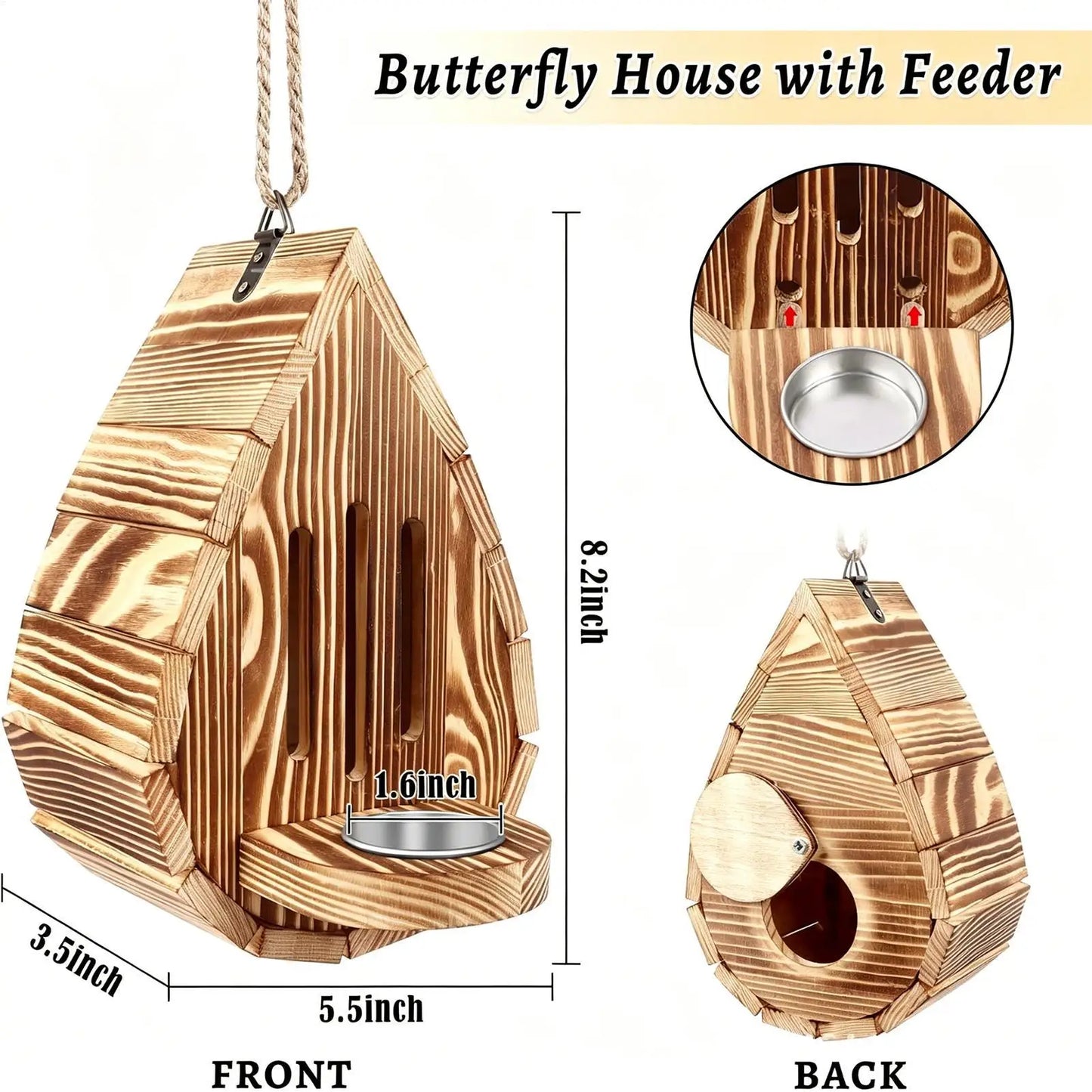 Hanging Wood Butterfly House Feeder with Rope Decorative Bee Nesting Box Multifunctional Moth Habitat for Garden Balcony