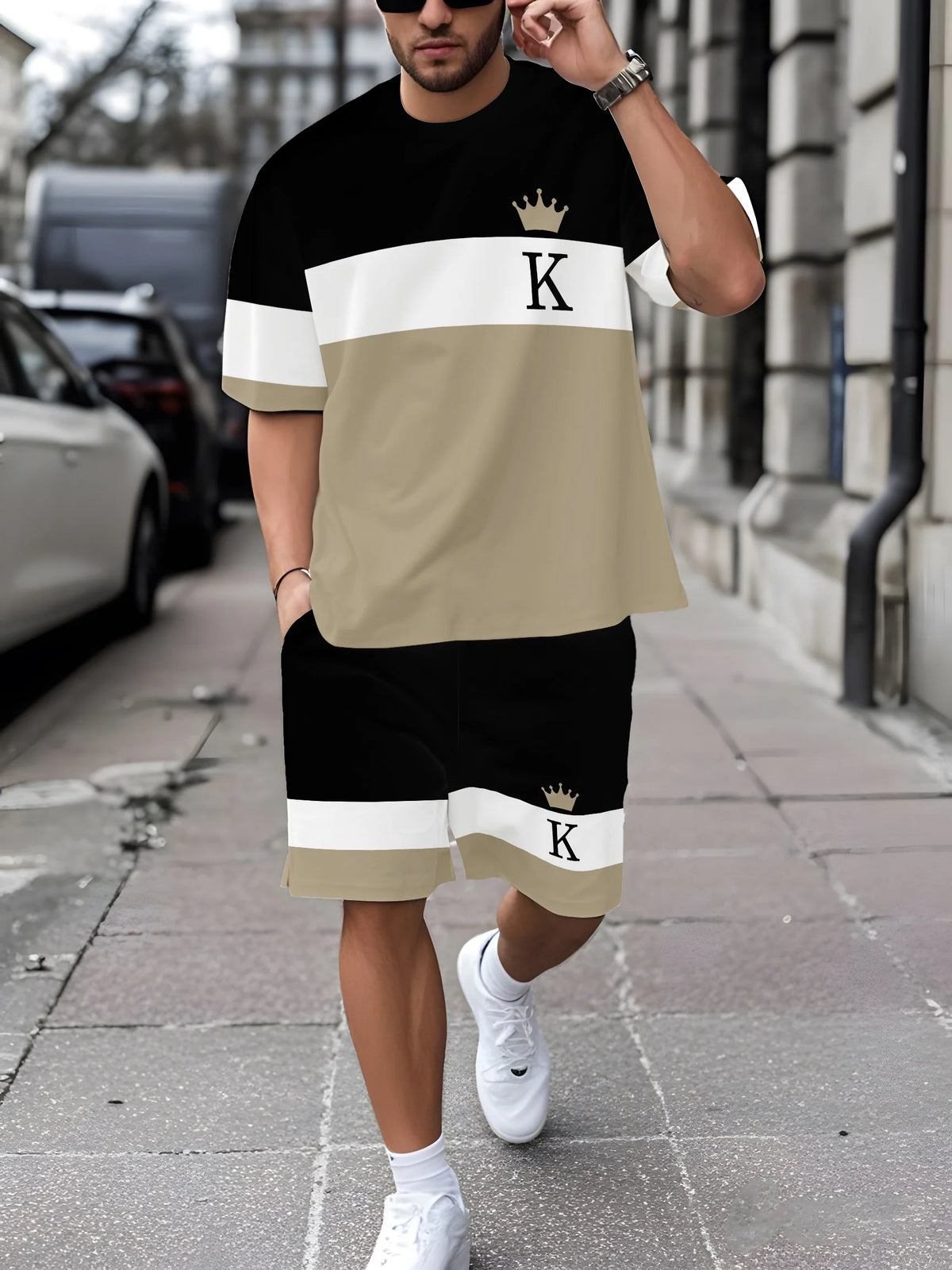 New European & American Style Men's Summer Loose-Fit Set Men's Crew Neck Short-Sleeve Top & Athletic Casual Shorts Two-Piece Set