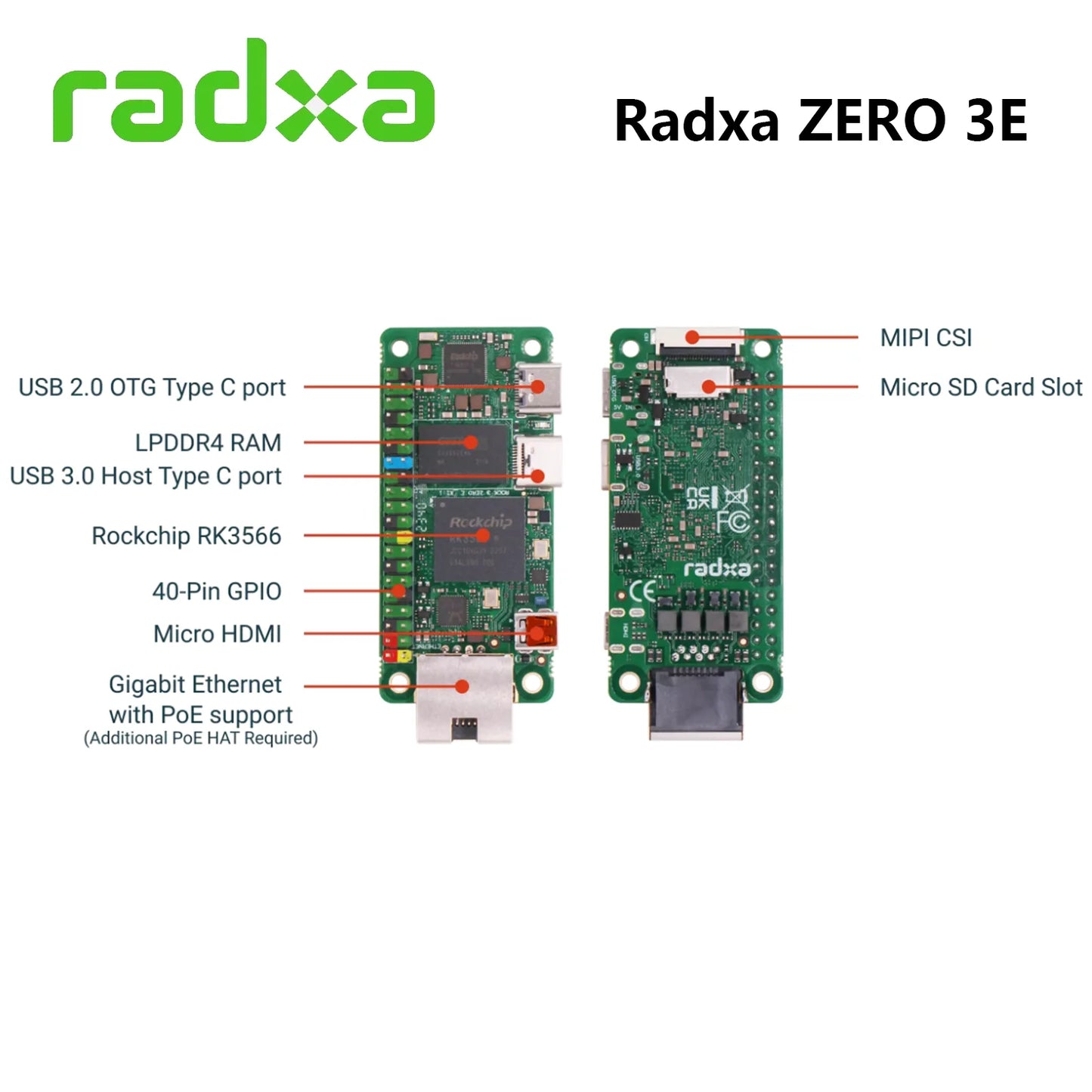 Radxa ZERO 3E Development Board RK3566 4-core CPU , GPU, NPU, HDMI with 1080P Output,  Gigabit Ethernet Kit Optional