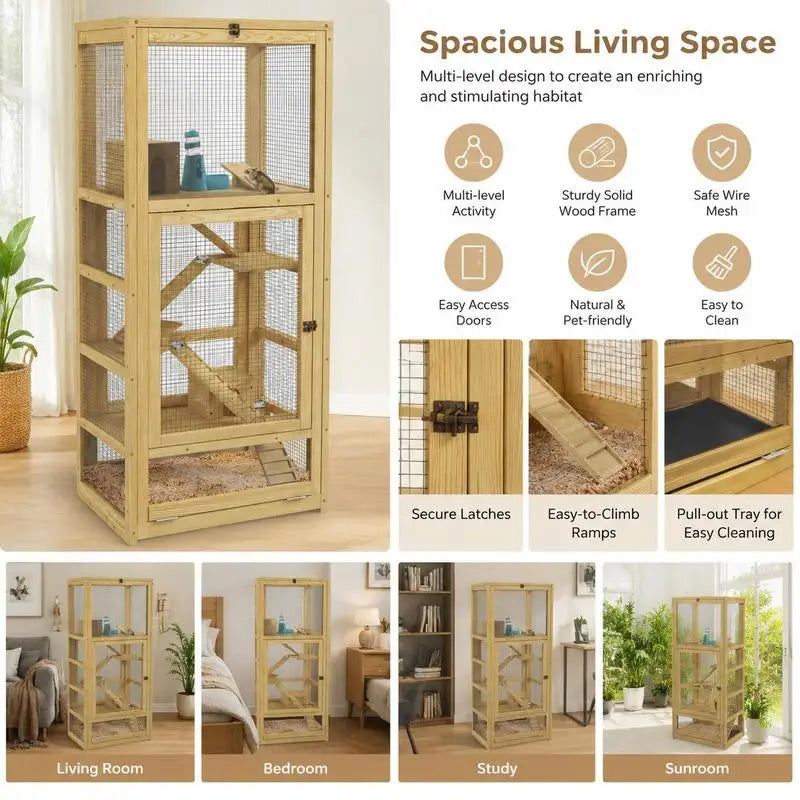 Cage for hamsters or small animals in wood 5 levels with niche balançoire 54 x 38 x 131 cm natural
