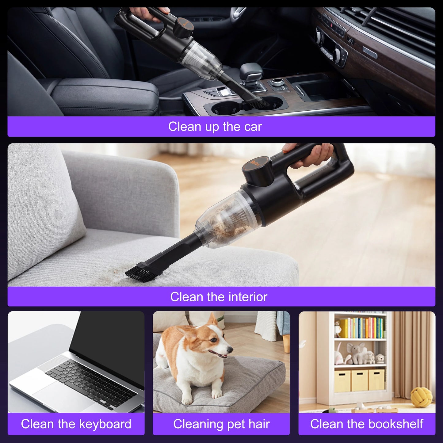 Cordless Portable Handheld Vacuum Cleaner, Mini Wireless Car Vacuum Cleaner with Ergonomic Handheld Design, High Power Strong Suction Rechargeable Handheld Vacuum for Car Household Dust Debris Pet Hair Removal One-Key LED Lig