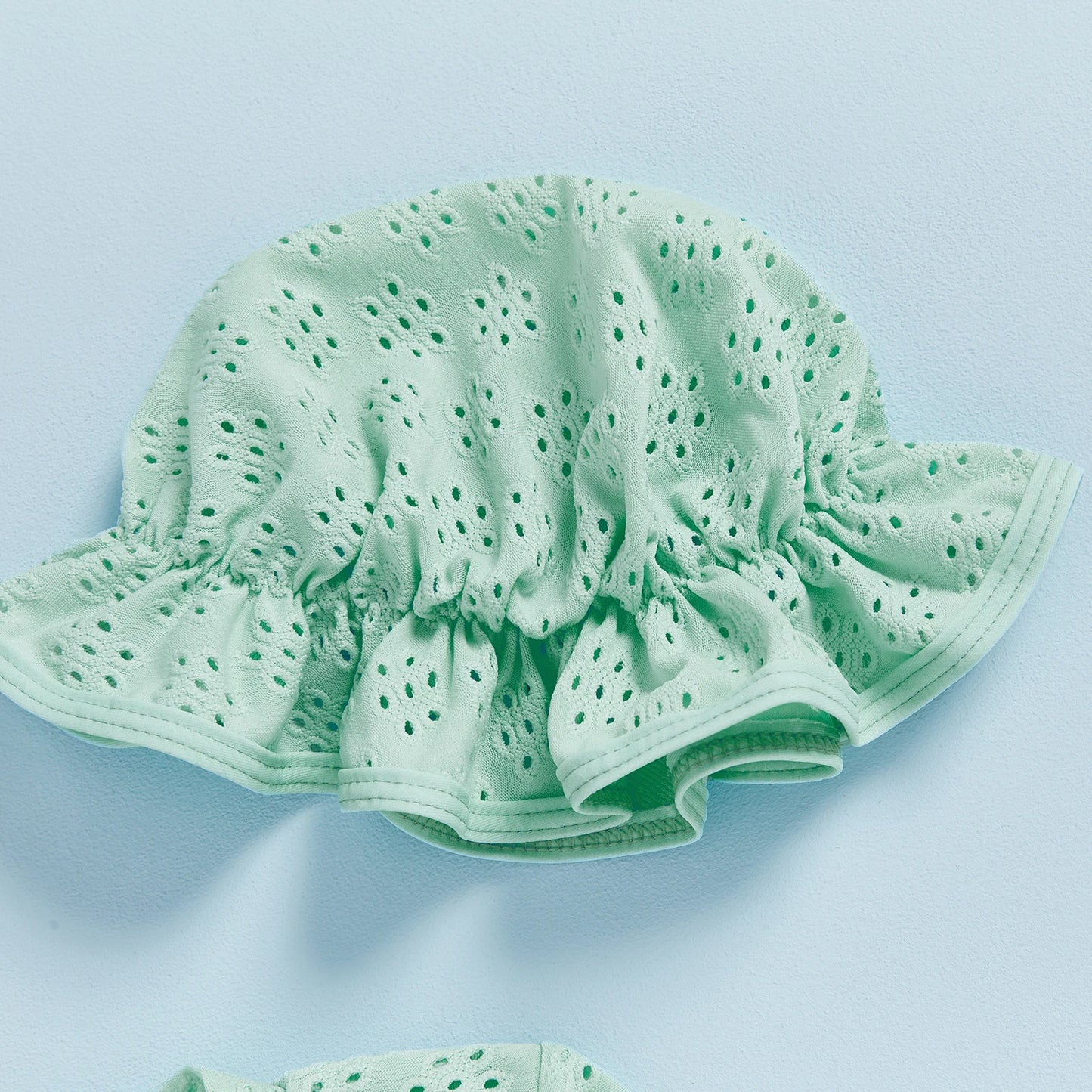 Infant Baby Girl Eyelet Swimsuit with Swimming Hat Toddler 2 Pcs Set Long Sleeve Round Neck Ruffled Romper Kids Bathing Suit