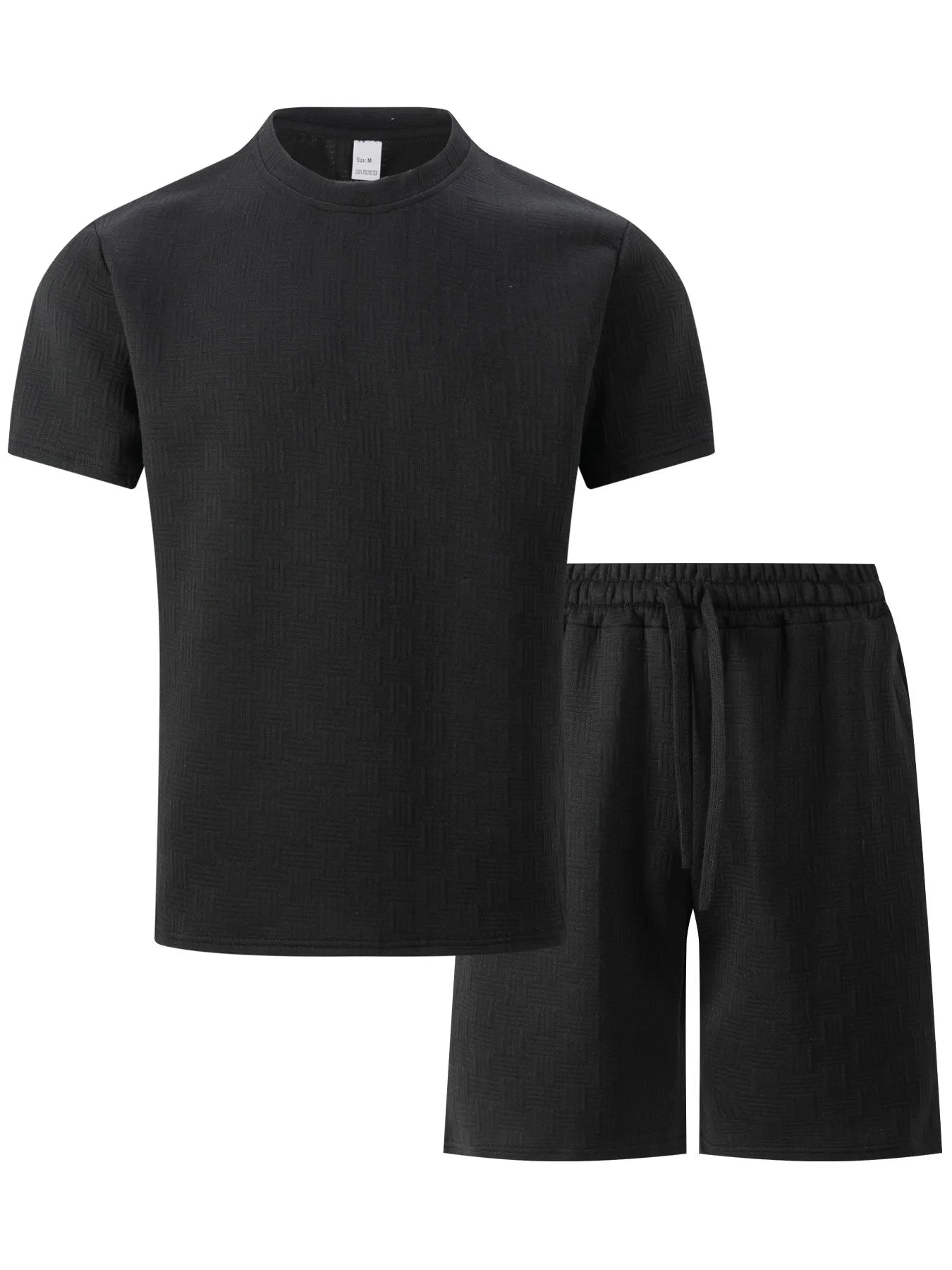 2025 summer new men's suit leisure solid color jacquard round neck fashion all-match short-sleeved T-shirt drawstring shorts set
