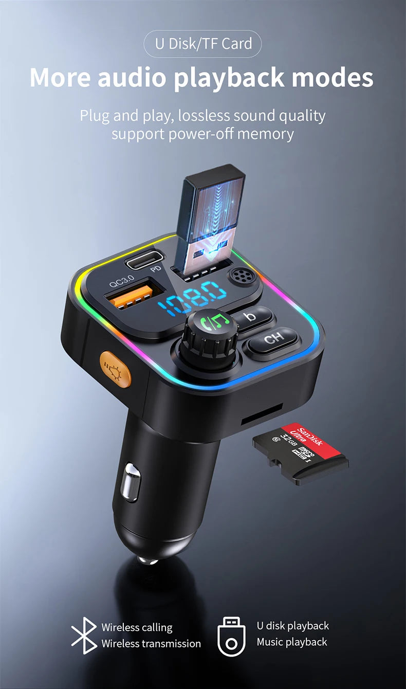 FM Transmitter Bluetooth 5.3 Handsfree Car AUX Radio Modulator MP3 Player with PD20W QC3.0 Fast Charge Adapter Car Accessories