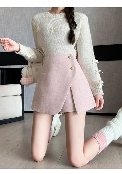 Autumn Winter Tweed Skirts Shorts Women Fashion Streetwear Cross Irregular Booty Shorts Pink Black Culottes Wide Leg Short Pants