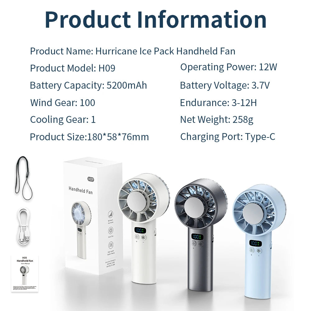 Portable Mini Fan Handheld Fan Ice Compress LED Display Ice Face 100 Wind Speeds 5200mAh USB Rechargeable Battery Fan