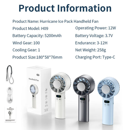 Portable Mini Fan Handheld Fan Ice Compress LED Display Ice Face 100 Wind Speeds 5200mAh USB Rechargeable Battery Fan