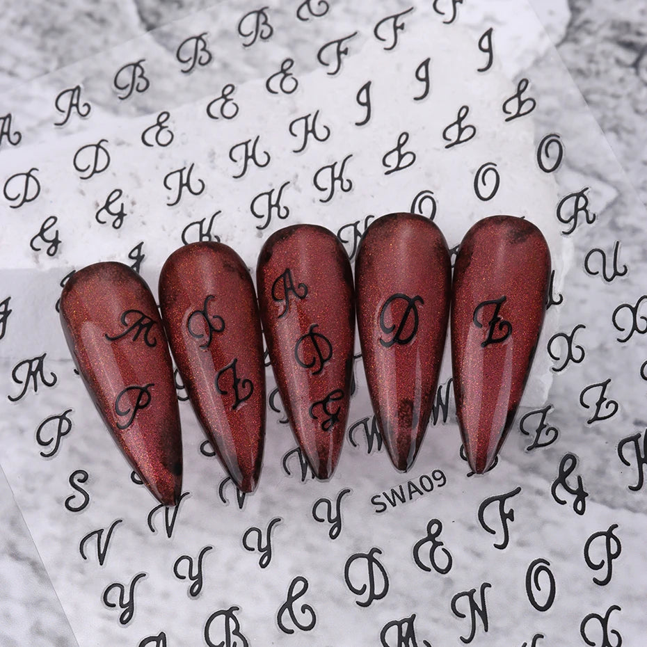 4pcs Roman Letter Nail Stickers Golden Silver Black White Alphabet Design Self Adhesive Decal English Words DIY Manicure Decor