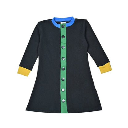 AA-Colorblock Waffle Knit Set Shirt Girl Dress and Baby Romper Contrasted Edges Rib Black Family Clothing Front Buttons Opening