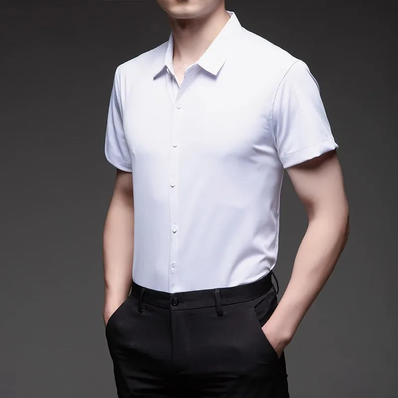 High Quality Dress Shirts For Men Business Casual Seamless Wrinkle Resistant Button Soft Elastic Luxurious Male White Clothing