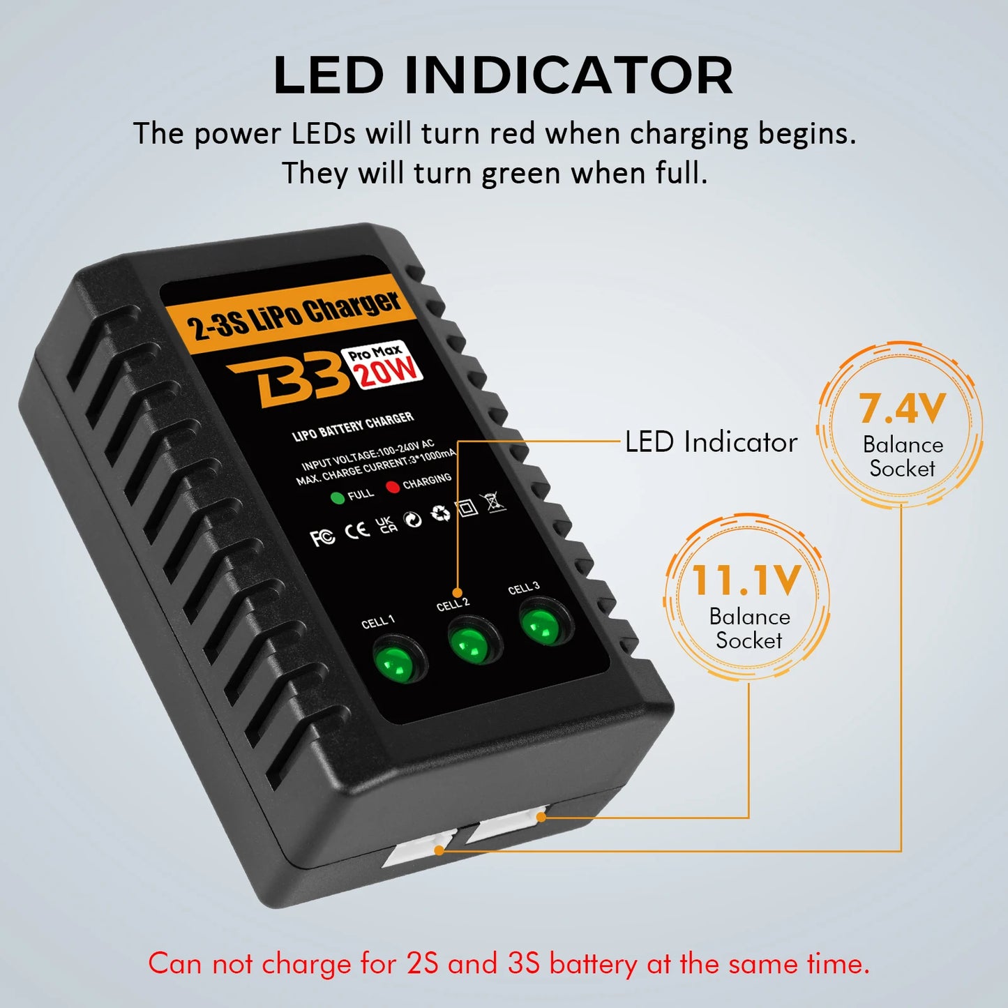 Lipo Charger for 2-3S Lipo Battery (7.4V-11.1V) 20W RC Charger LiPo Charger Airsoft Balancer for RC Cars Airsoft Guns RC Boats