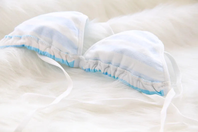 Lace-up Strap Blue and White Striped Set, Blue and White Fat Inner Two-piece Set Womens Lingerie Set  Bra Set  Sexy