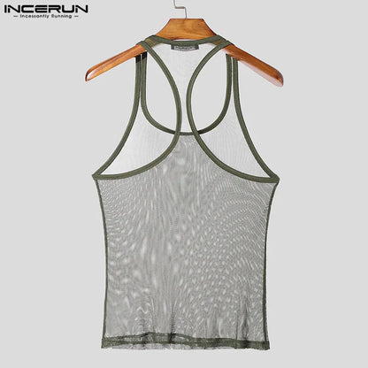 INCERUN Tops American Style Fashion Men Thin Perspective Mesh Vests Sexy Casual Streetwear Male Personality Sleeveless Tank Tops