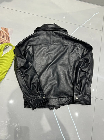 New Outerwear Leather Jacket Women American Retro Top Sheepskin Bubble Leather Double Lapel Loose Profile Coffee Locomotive Coat