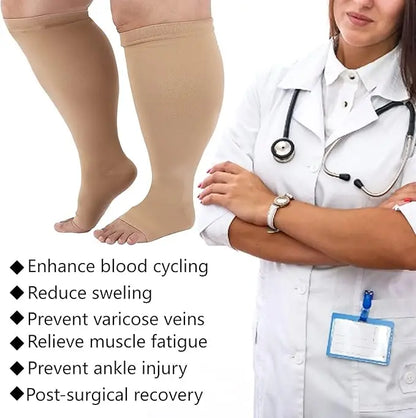 1Pair 2XL-7XL Plus Size Compression Socks Open Toe Compression Women& Men 15-20mmHg Wide Calf Knee High Toeless Compression Sock