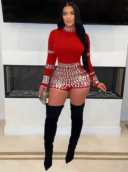 Leosoxs Women Diamonds Hot Rhinestones Long Sleeve Short Jumpsuits 2024 Summer Sexy Party Club One Piece Suit Rompers Playsuits
