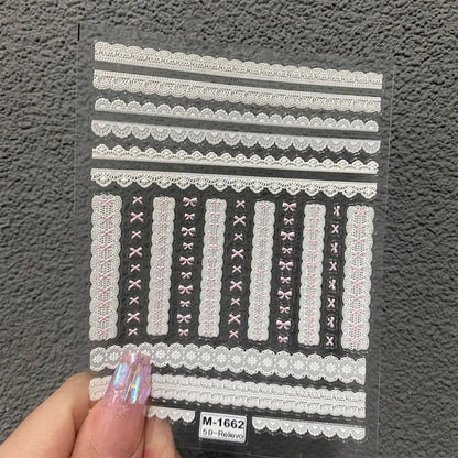 Japanese Bowknot Lace Heart Nail Stickers Self Adhesive Sweet Cool Pink Black Lace Nail Decals Cool Girls Manicure Decorations