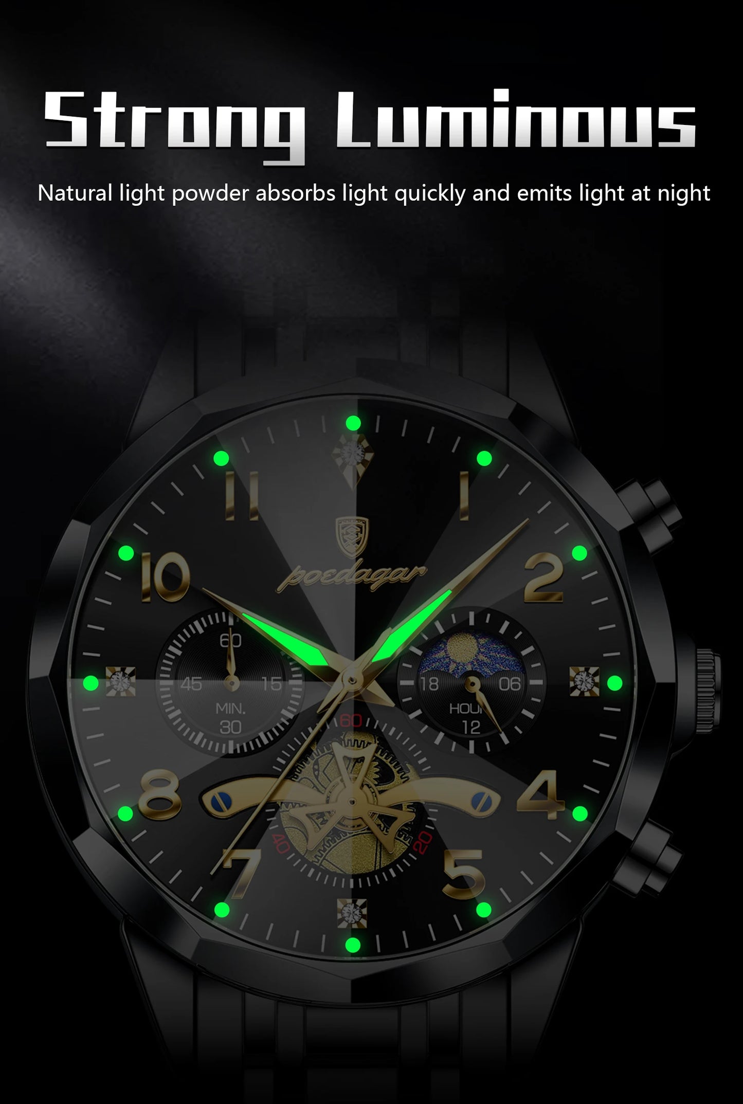 POEDAGAR Luxury High Quality Man Wristwatch Chronograph Stainless Steel Quartz Men's Watches Waterproof Luminous Men Clock Reloj