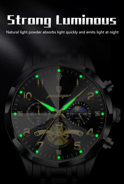POEDAGAR Luxury High Quality Man Wristwatch Chronograph Stainless Steel Quartz Men's Watches Waterproof Luminous Men Clock Reloj