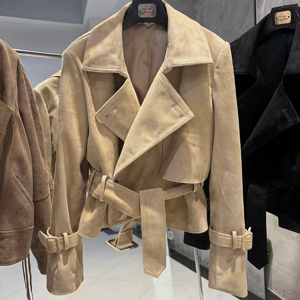 YOLOAgain 2025 Autumn Elegant Real Leather Jacket Coat Women Oversized Leather Jacket With Belt