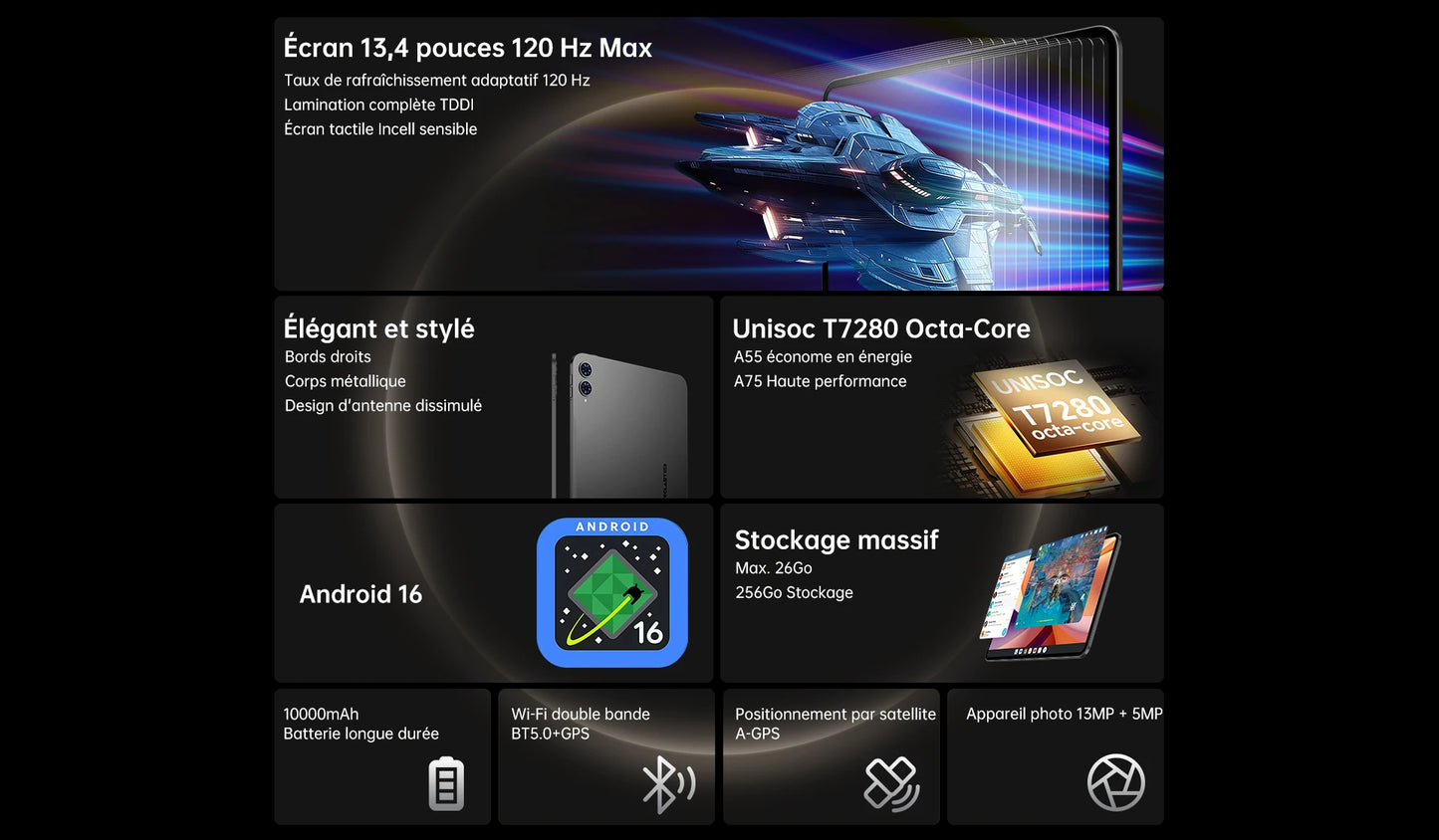 Teclast T65 Android 16 Tablet 13.4 inches 120Hz Max. 26GB RAM 256GB ROM T7280 8 cores 1920x1200 4G LTE 13MP + 5MP 10000mAh