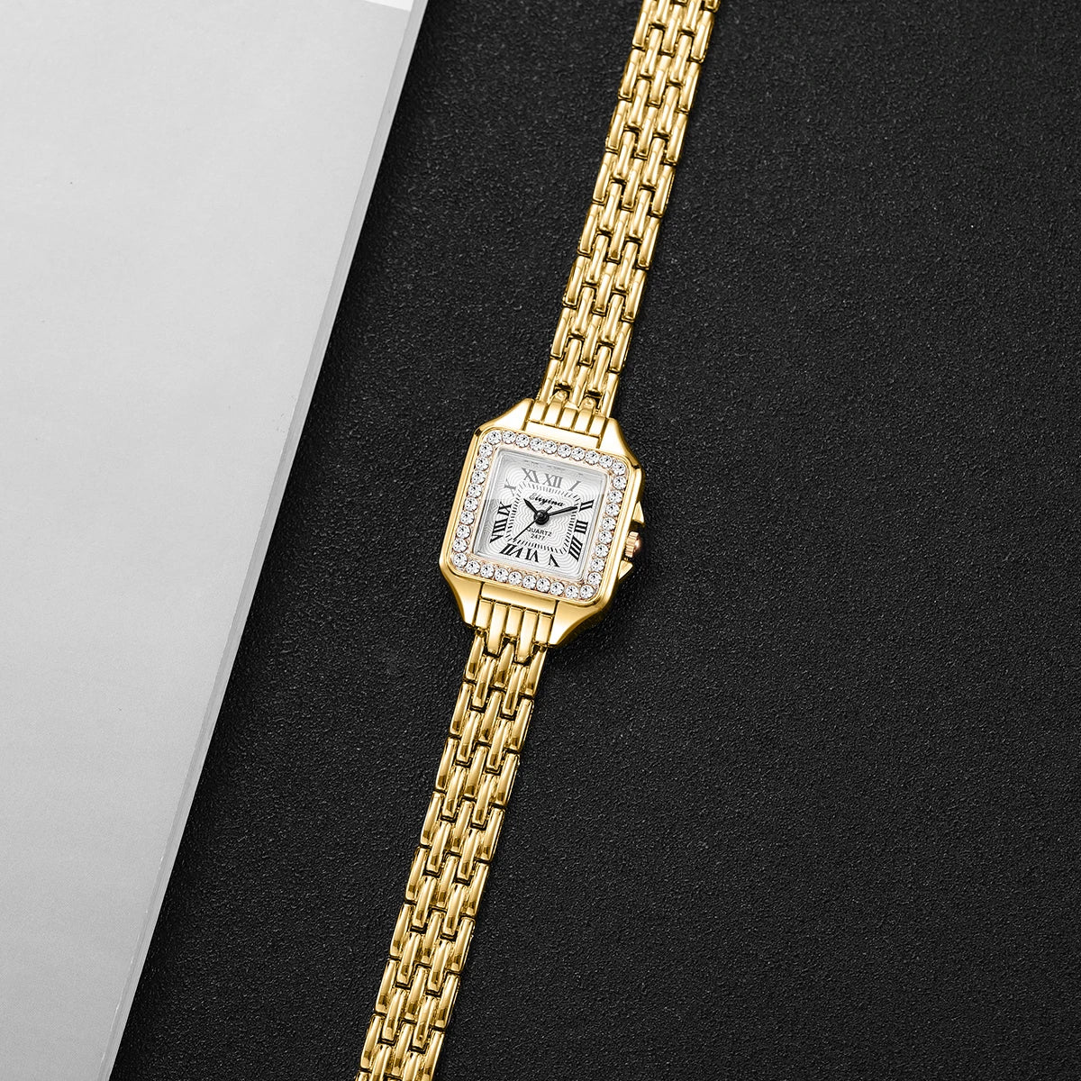 Elegant Rhinestone Square Women Watches Fashion Roma Dial Quartz Wristwatch Reloj Mujer Ladies Clock (Without Box)