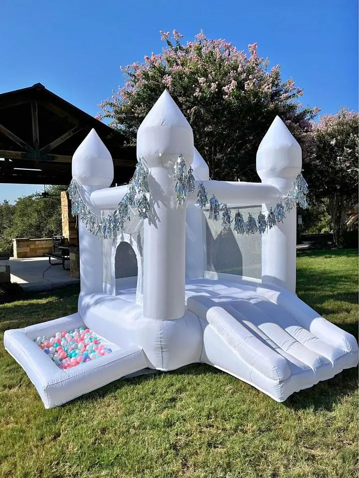 9x9x7ft Toddlers Party Inflatable White Bounce House With Slide And Ball Pit Customization Oxford Bouncy Castle Include Blower