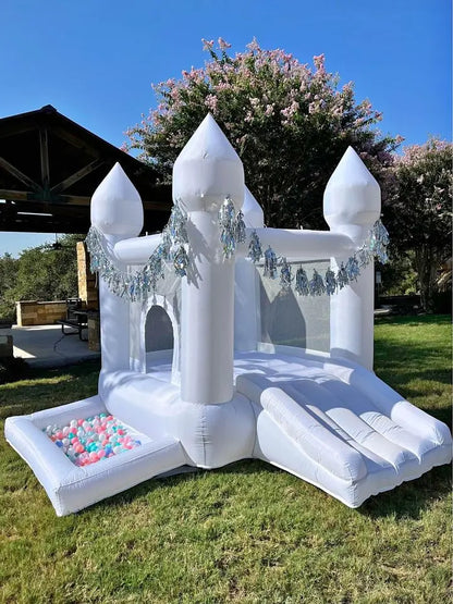 9x9x7ft Toddlers Party Inflatable White Bounce House With Slide And Ball Pit Customization Oxford Bouncy Castle Include Blower
