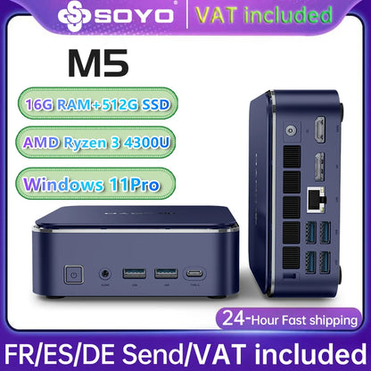 Mini PC SOYO M5 Mini AMD Ryzen 3 4300U LPDDR4 16GB RAM 512GB ROM Wifi 5 BT5.0 Windows 11 Pro Desktop Computer