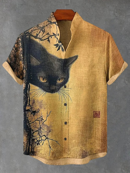 Men's Japanese Retro Art Black Cat Print Shirt Short Sleeve Stand Up Collar Single Breasted Casual Linen Top for Vacation