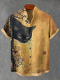 Men's Japanese Retro Art Black Cat Print Shirt Short Sleeve Stand Up Collar Single Breasted Casual Linen Top for Vacation