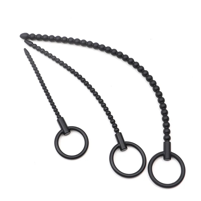 Deep Sensation Self-Discovery: 3-Piece Silicone Beaded Urethral Sound Set with Safety Pull Ring Male Intimate Penis Plug Trainer