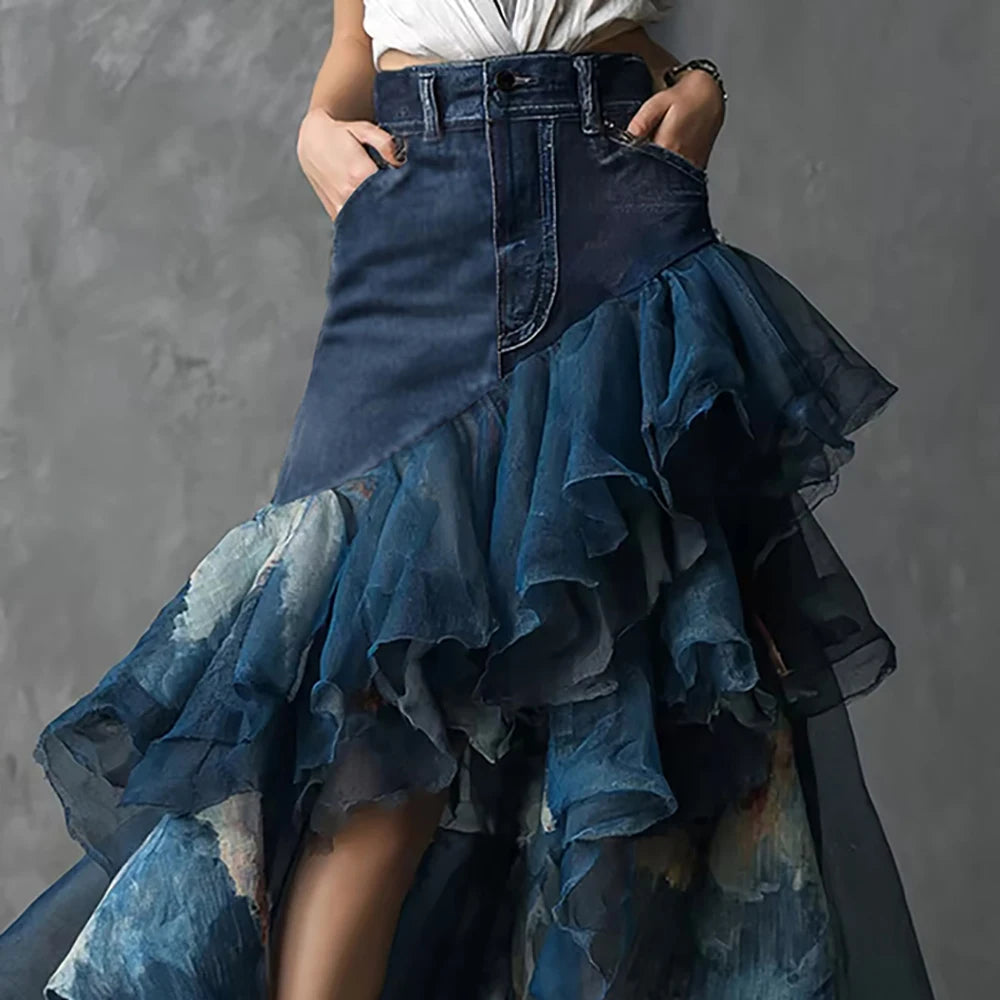 Women's Denim Patchwork Ruffle Maxi Skirt High Waisted Asymmetrical Sheer Tulle Layered Skirt For Female Fashion Outfits  Skirts
