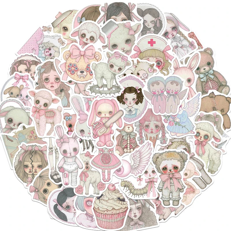 50PCS Pink Creepy Girl Stickers Gothic Horror Decals Bizarre Graffiti Art for DIY Decoration