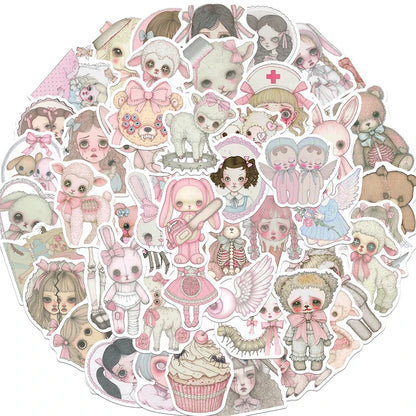 50PCS Pink Creepy Girl Stickers Gothic Horror Decals Bizarre Graffiti Art for DIY Decoration