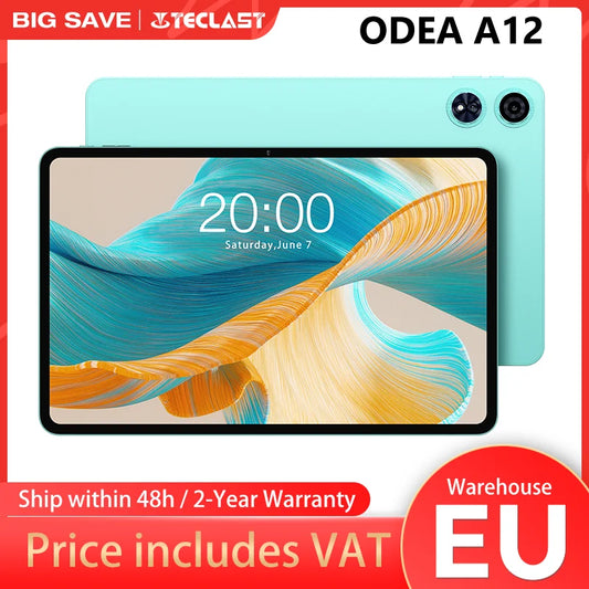 ODEA A12 12 Inch TDDI Screen, 2000x1200 2K, Android, Tablet, (4+8)12GB RAM, 128GB ROM, UNISOC T606, 8 cores, Mali-G57, 8000mah, 13MP+8MP, Supports TF up to 1TB, Type C, Widevine DRM L1 for Netflix