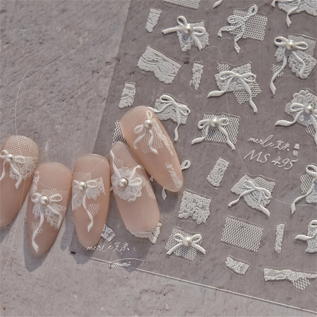 1pcs 5D Diamond Japanese White Lace Bow Nail Art Stickers Pearl Rhinestones Nail Decoration Adhesive Decals Slider DIY Accessory