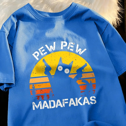 Pew Pew Madafakas Cat With Two Guns T-Shirts Man Street Summer Short Sleeve Harajuku Cotton Tshirt Oversized Breathable Tops