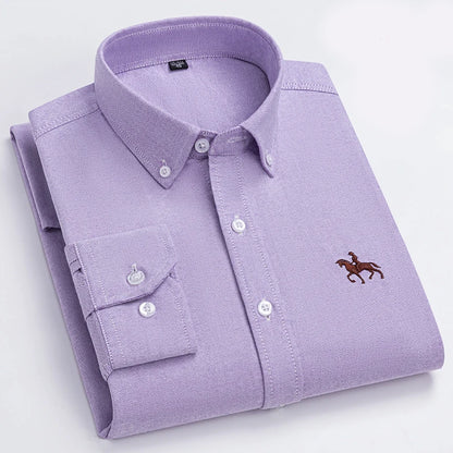 Basic Oxford Dress Shirt For Men Long Sleeve 100% Pure Cotton Solid  Casual Plaid Striped Social Business Male Regular-Fit S-6XL
