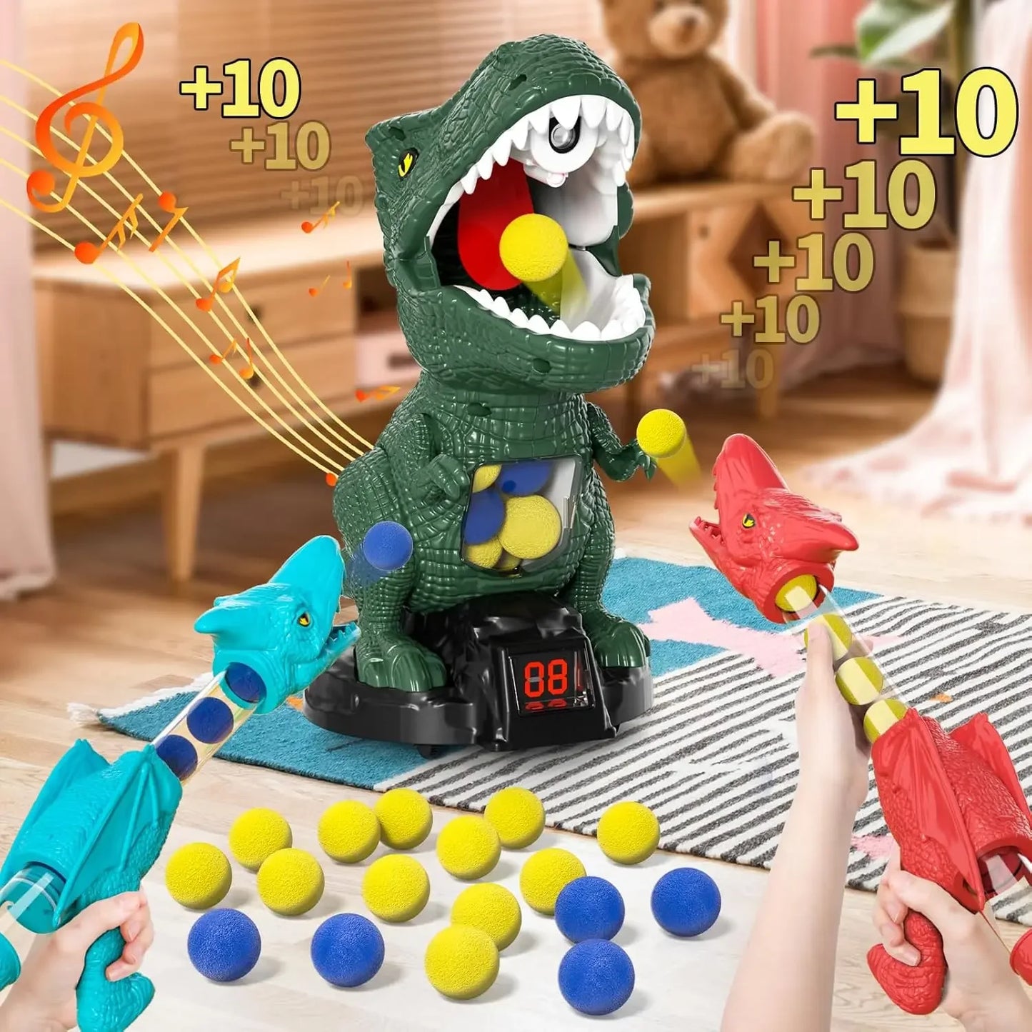 Kids Dinosaur Shooting Toy Gun 360 Degree Omni Rotatable Mist Spray Design Air Popper Soft EVA Ball Blaster Educational Parent-Child Battle Play Toy for Home Backyard Party