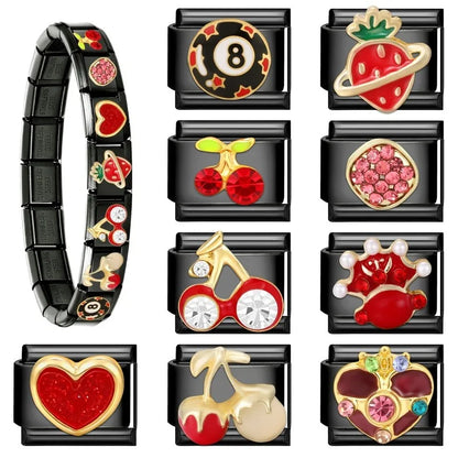 2025 New Original Black Red Stars Love Heart Bows Flower Italian Charm Link Fit 9mm Stainless Steel Jewelry DIY Making Bracelets